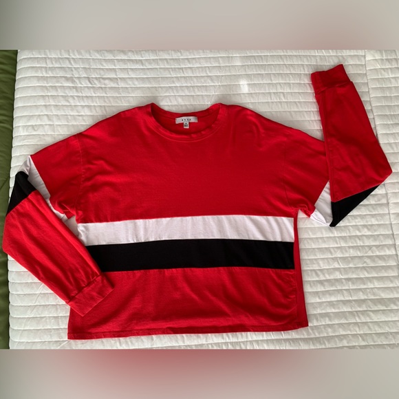 Gaze Tops - Gaze Cropped Top Crewneck Long Sleeve Red Shirt Black White Stripe Women Size M